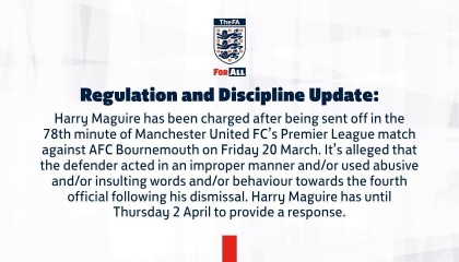 B体育官方网站-官方：因对阵樱桃染红后对四官行为不当，马奎尔被英足总指控